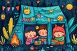 Cartoon cute doodles of a snug pillow fort, with characters having a cozy sleepover under a canopy of pillows and blankets, Generative AI