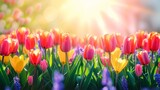 Fototapeta Tulipany - Spring Serenity - Abstract Defocused Background with Tulips and Hyacinth Flowers, Bathed in the Warmth of a Sunlit Field. Made with Generative AI Technology