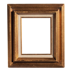 Old picture, photo wooden frame in gold paint. Isolated golden frame with white background. 