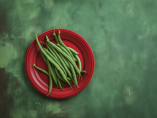 Green string beans on red plate