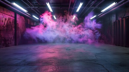 An abandoned studio with a cement floor, vibrant smoke in the backdrop, and floodlights above, Generative AI