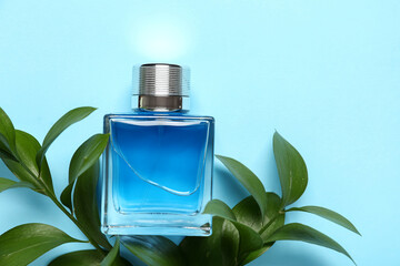 Wall Mural - Blue bottle of perfume with plant on blue background. Top view