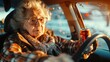 Grandma drives a car with one hand and the other. holding a beer can,speed light motion