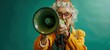 © 2D_Jungle - Grandma holds a loudspeaker and shouts text abprove now,copy space,green studio background.