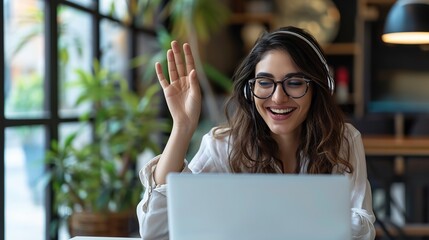 Poster - Happy young latin business woman employee, hr manager having remote videocall work hybrid meeting or job interview waving hand looking at laptop.