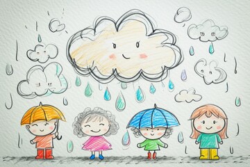 Cartoon cute doodles of a playful raincloud, showering droplets on characters below, equipped with umbrellas and rain boots, Generative AI