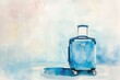 a blue suitcase is sitting on a white surface in a watercolor painting