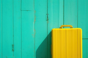 Wall Mural - a yellow suitcase is leaning against a blue wooden wall