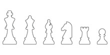 Chess Piece Icons Set. Board Game. Black Silhouettes Illustration. Outline Set Of Chess Vector Icon For Web Design Isolated On White Background. King, Queen, Bishop, Pawn, Horse, Knight, Rook.