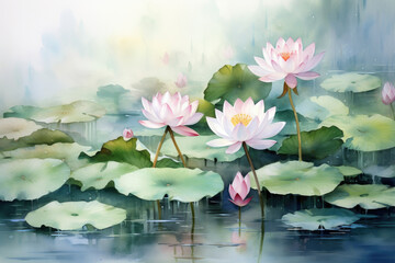 collection of soft watercolor lily pads and lotus flowers