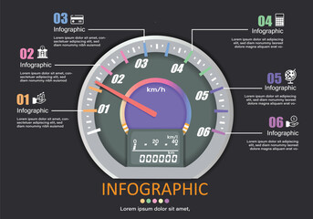 Fototapete - Vector infographic on gray-black background,designed like a car speed dial to show the speed or steps in a work process,6 steps,6 sequences for an easy to understand presentation, modern style design.
