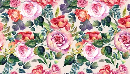  Watercolor seamless pattern with flowers, roses, and leaves