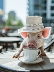 Canvas Print - A pig wearing a hat and sitting on a table with a cup of coffee. Generative AI.