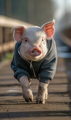 Wall Mural - A pig wearing a hoodie on a bridge. Generative AI.