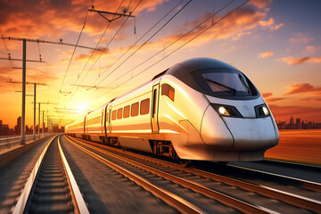 High speed train on a railway at sunset. 3d rendering