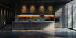 Interior of modern kitchen with black walls, concrete floor, black countertops and wooden bar with stools. 3d rendering.