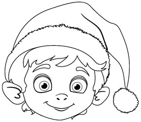 Wall Mural - Smiling elf with Santa hat line art.