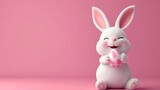Fototapeta Lawenda - Cute White Easter Bunny holding an easter egg with copy space on a pastel pink background.