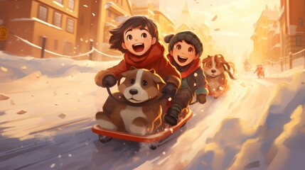 Wall Mural - Cartoon illustration of children playing snowboarding sledding outdoors happily with pets in winter.