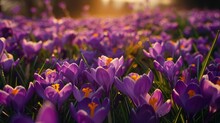 Purple Crocuses Blooming In The Garden At Sunset.