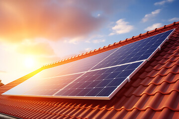Wall Mural - solar panels on the roof of the house against the background of the setting sun