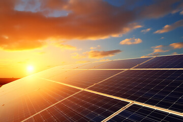 Wall Mural - solar panels on the roof of the house against the background of the setting sun
