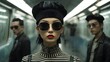 Front profile half body Photography, in the tube corridor, a punk 80's Asian model woman with a 50's beret, in a minimal large striped pattern pullover and large sunglasses, 80 degree view,