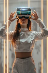 Aufkleber - Woman wearing futuristic VR headset, interacting with virtual objects in a digital space. Generative AI.