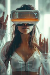 Aufkleber - Woman wearing futuristic VR headset, interacting with virtual objects in a digital space. Generative AI.