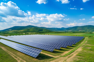 Wall Mural - solar energy panels on green field with blue sky background, aerial view