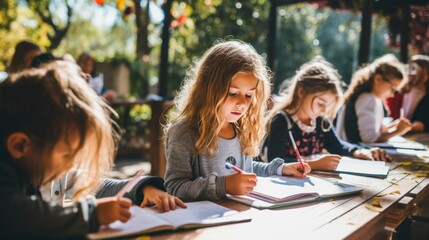 Group of female students focused on writing dictation at a bright and airy classroom