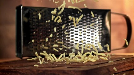 Poster - The grated cheese falls on a wooden board. Filmed on a high-speed camera at 1000 fps. High quality FullHD footage