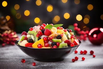 Wall Mural - A vibrant and refreshing fruit salad set against a bokeh background.