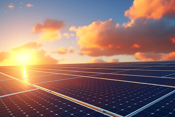 Wall Mural - solar energy panels on sunset sky background 3d render illustration.