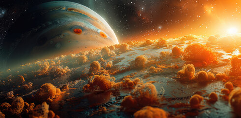 Poster - Surface of planet in colorful outer space. Generative AI.