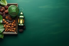 Flat Lay Composition With Arabic Lantern And Snacks On Green Background. Space For Text. Copy Space - Generative Ai