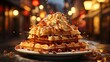 Delicious waffle on tables with blurred background.
