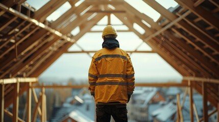 Poster - Construction worker working on roof structure of building on construction site. Generative AI.