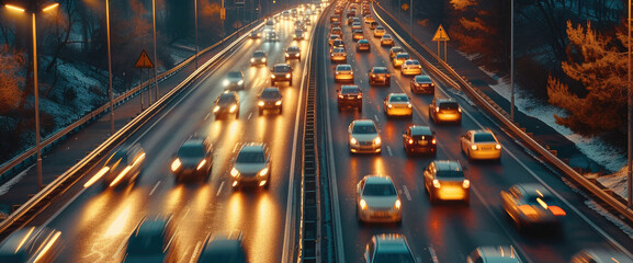 Poster - Aerial long exposure picture of cars in traffic driving on highway. Generative AI.