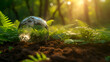 crystal earth on soil in forest with ferns and sunlight environment save clean planet ecology concept earth day banner with copy space, generative ai