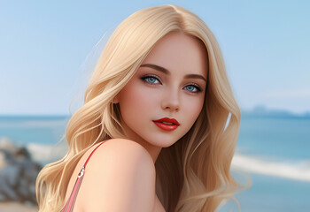 Wall Mural - Beauty blonde woman with long blonde hair and blue eyes. Cute blonde woman, beauty portrait. Beauty face of female face with natural skin. Blonde model looking on camera, nude makeup.