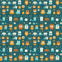 Cute Abstract Animals Lion, Bear, Cat Color Seamless Pattern For Baby Shower Decor, Kids Apparel, Wrapping Paper, Fabric, And Textile. Flat Design Illustration On Green Background