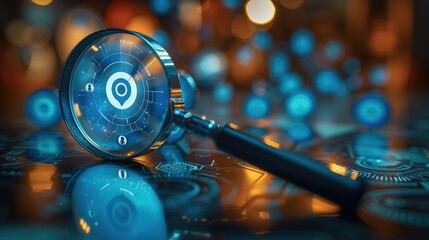 Aufkleber - A magnifying glass with blue targets and marketing icons on top of it. Generative AI.