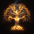 Incandescent plasma glowing, gold tree of life isolated on black background. 