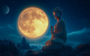 a buddha statue in meditation beneath the full moon and surrounded by lotus. the concept evokes a se