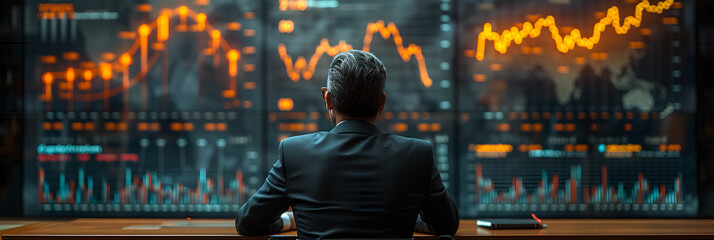 Wall Mural - Business Man speaking with data analytics behind him on video screen - infographics - strategic planning - control center - stock trading 