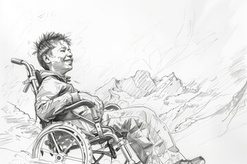 Wall Mural - Smiling disabled boy sits in wheelchair in the mountains. Monochrome black and white sketch of the young man affected by cerebral palsy. Rehabilitation picture.