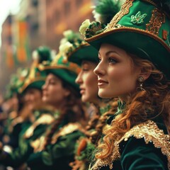 Wall Mural - Vibrant green and gold-clad women dance through a lively Saint Patrick's Day parade, cheered on by a festive crowd. Generative AI.