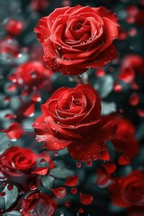Aufkleber - Red Rose Flowers, blooming Various red rose flowers combined with water in red and transparent background. Generative AI.