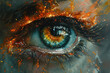 Phoenix eye amidst rebirth flames piercing gaze closeup